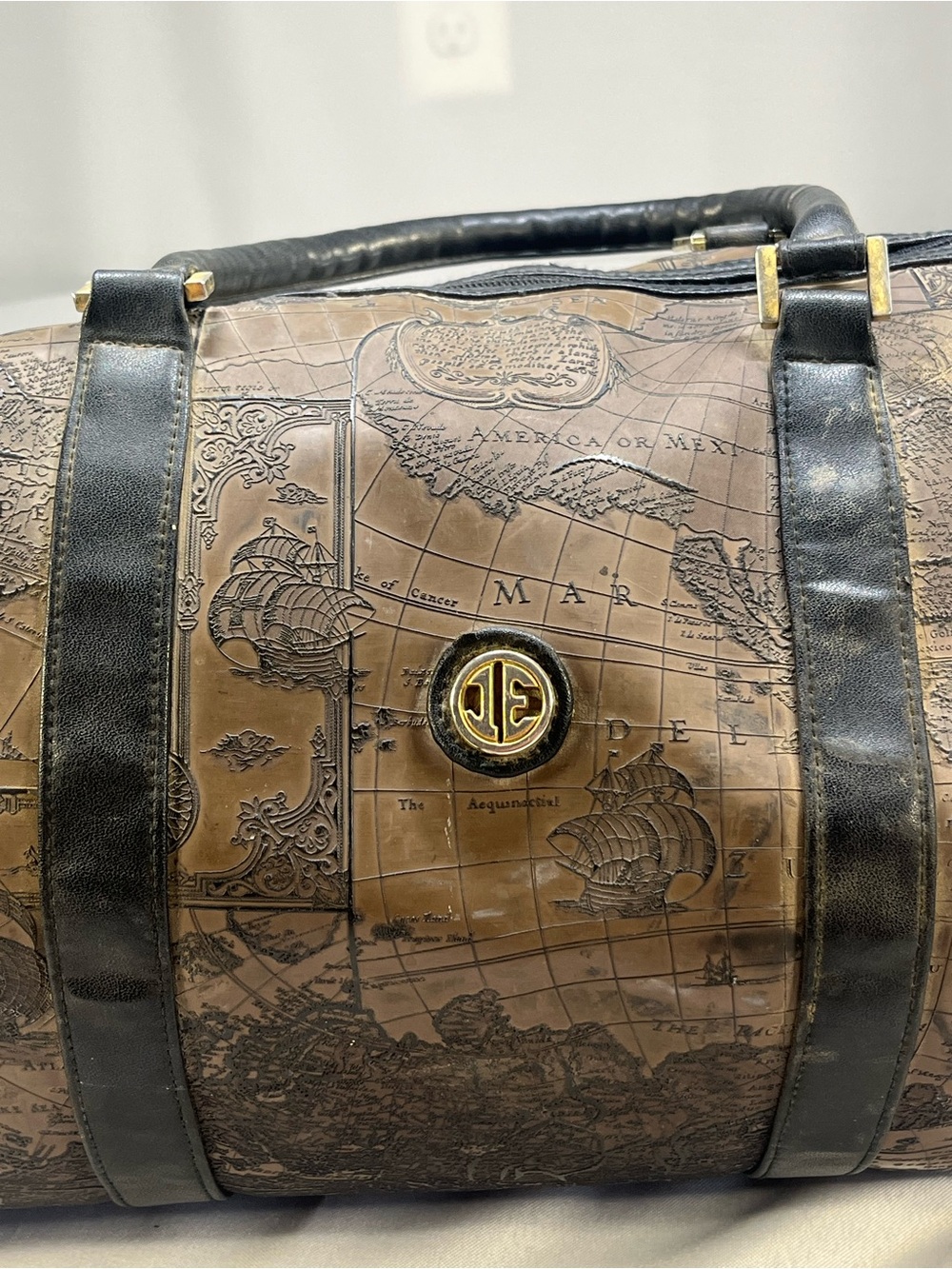 Vintage JE Embossed Nautical World Map Weekender Duffle Bag